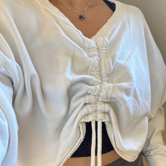 FREE PEOPLE Crop Top Cinch Cut Out Back Oversize Pullover Sweatshirt Boho Lounge - Picture 14 of 15